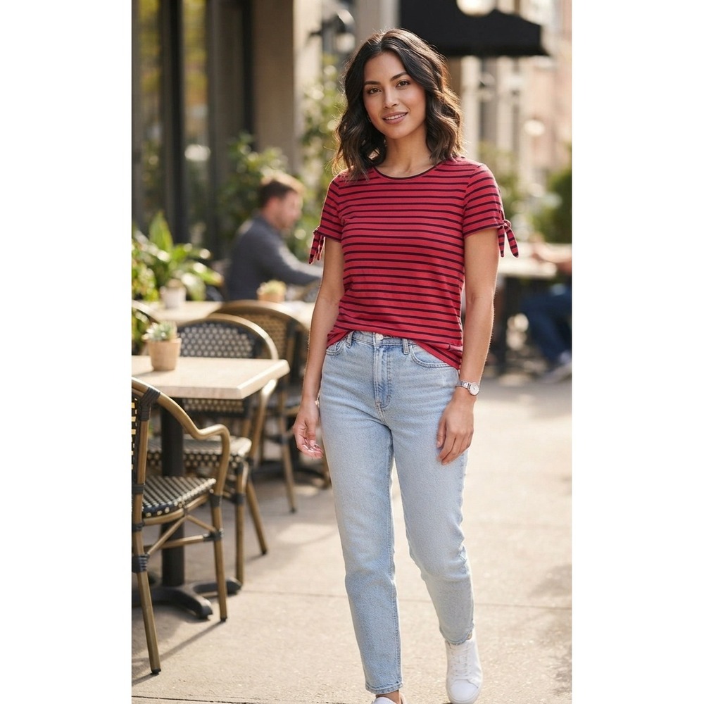 Nautica Women's Red Navy Blue Striped Tie Sleeve Cotton T-Shirt Size XL
